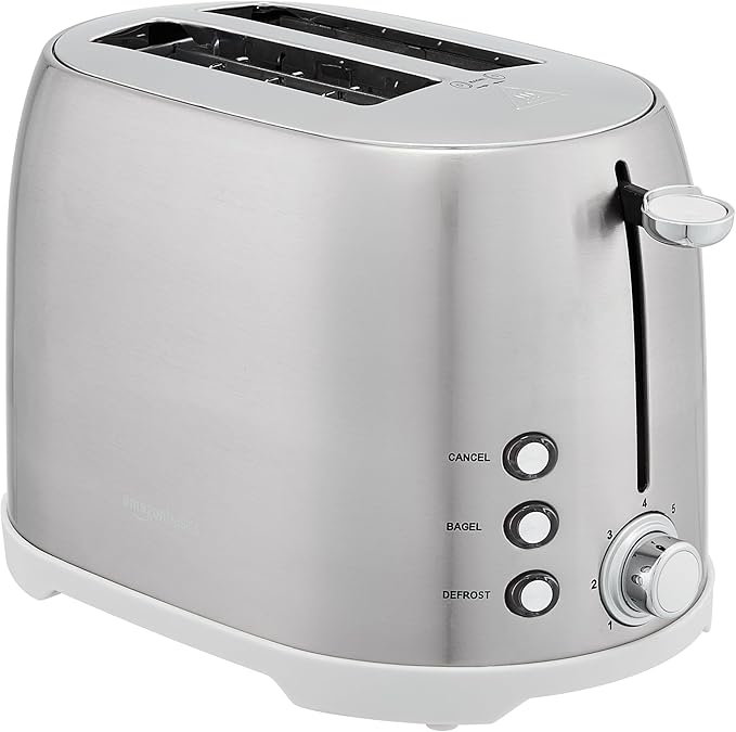 Amazon Basics 2 Slice Cool Touch Stainless Steel Toaster with 7 Browning Settings Extra Wide Slots (for Bagels Waffles Specialty Breads) Removable Crumb Tray Cancel Button 800W Brushed Silver