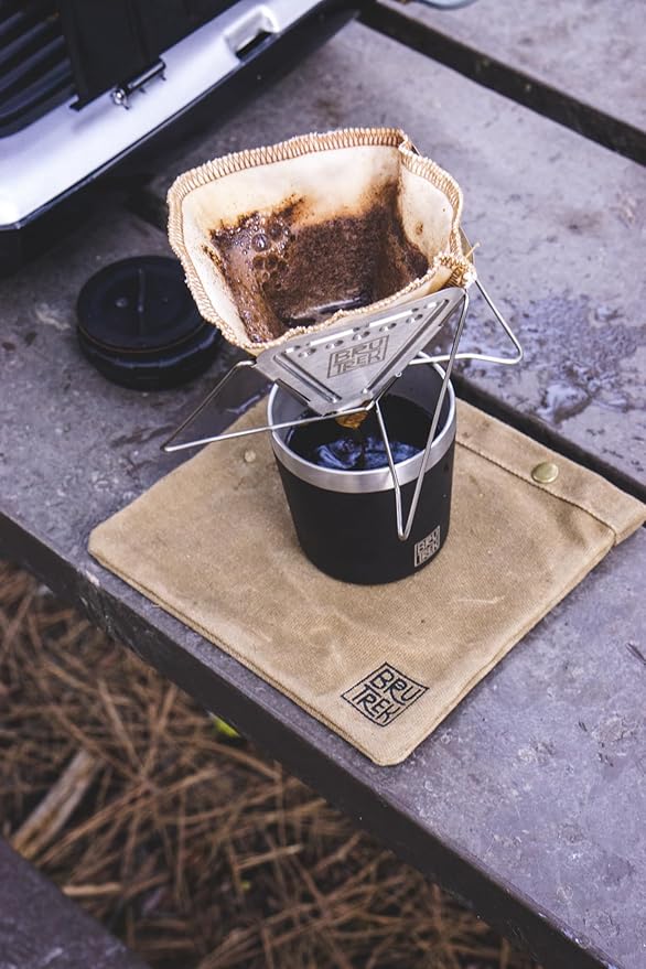 Planetary Design BruTrek Collapsible Pour Over Camping Coffee Maker - Stainless Steel Pour Over Reusable Cotton CoffeeSock Filters Canvas Carrying Bag Compact Lightweight Design