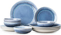 12 Pieces Stoneware Dinnerware Set Modern Reactive glaze Dish Set for 4 Premium Serving Plates and Bowls SetsSeries MOON(SKY BLUE)