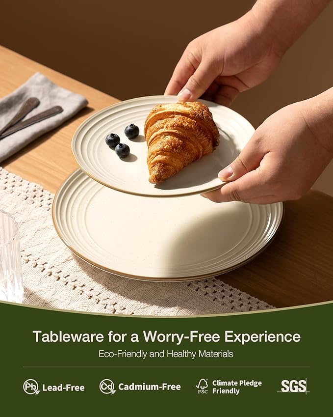 Famiware Jupiter Stoneware Dinnerware Sets Handcrafted Plates and Bowls with Embossed Swirl &amp Speckles Vanilla White - Chip &amp Scratch Resistant Dishwasher &amp Microwave Safe Dishes for 4