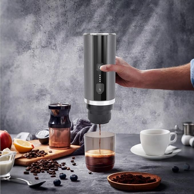Portable Capsule and Ground Coffee Machine Rechargeable Cordless Coffee Maker 20Bar Pump Pressure 92°C Extraction Perfect for Home and Outdoor Use (Gray)