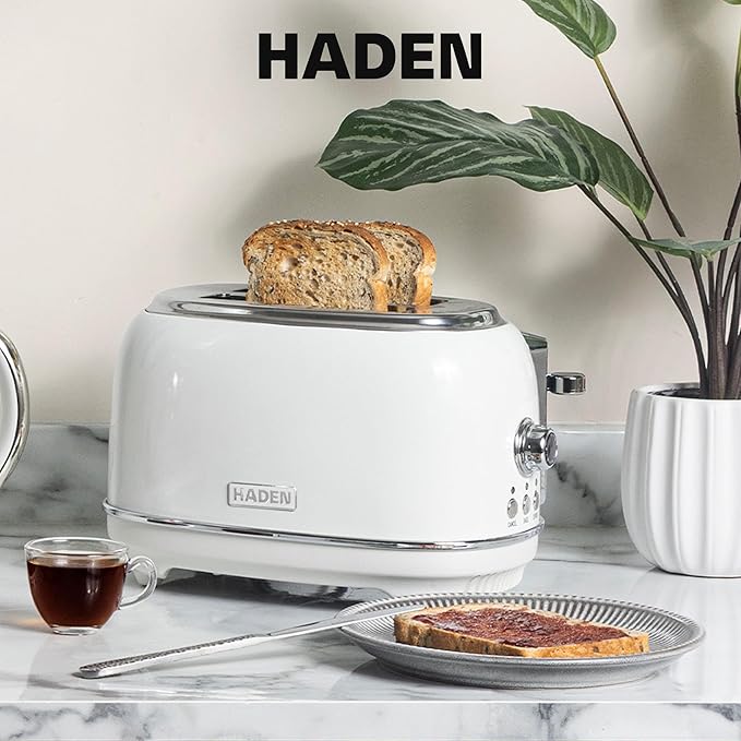 Haden Heritage 2-Slice Wide-Slot Toaster Stainless-Steel Bread Toaster with Adjustable Browning Control Non-Slip Feet &amp Crumb Tray Ivory &amp Chrome