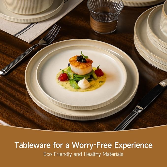 Stoneware Dinnerware Sets Plates and Bowls Sets for 4 12-Piece Ribbed Dishes – Chip &amp Scratch Resistant Microwave and Dishwasher Safe Tableware Beige