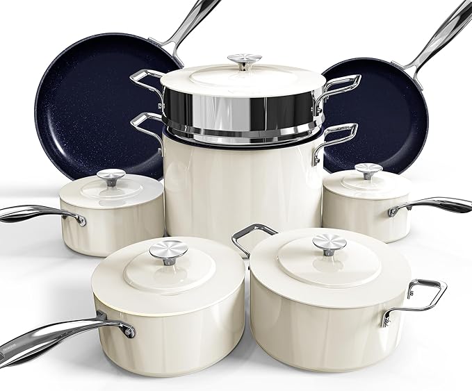 Nuwave Lux 13pc Forged Lightweight Cookware Set PFAS Free Healthy G10 Duralon Ceramic Coating Ultra Non-Stick Stay-Cool Handles Works on All Cooktops &amp Induction Ready