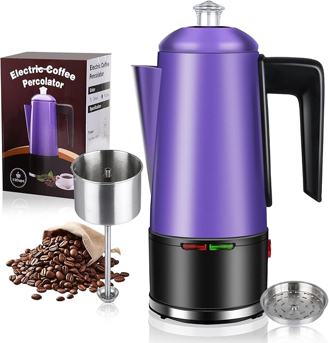 HOMOKUS Electric Coffee Percolator 12 CUPS Percolator Coffee Pot Stainless Steel Percolator Coffee Maker with Clear Knob Cool-touch Handle Auto Keep Warm Function (Purple)