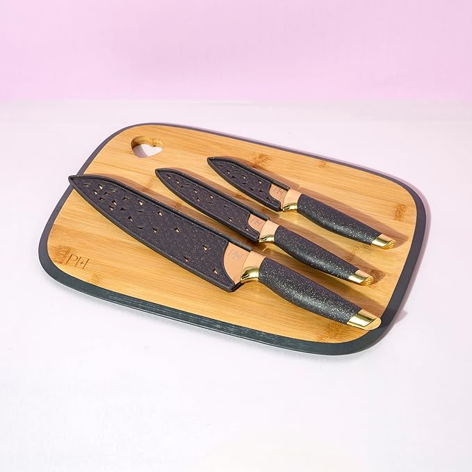 Paris Hilton Reversible Bamboo Cutting Board and Cutlery Set with Matching High Carbon Stainless Steel Knives Blade Guards Sleek Yet Comfortable Handle Grips 7-Piece Set Gold Charcoal Gray