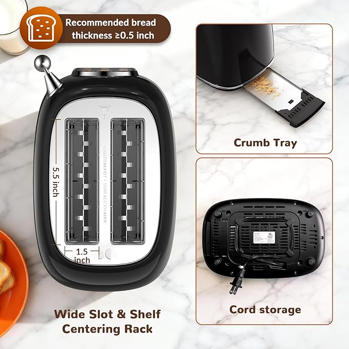 Mecity Toaster 2 Slice Touch Screen Wide Slot Retro Toaster For Breads Bagel Muffin Waffle House Warming Gift New Home 120V 825W Jet Black
