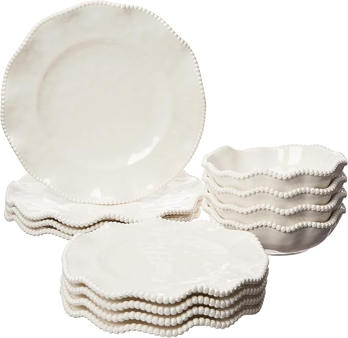 Perlette Off-White Beaded 12-Piece Dinnerware Set – Includes 4 Dinner Plates 4 Salad Plates 4 Bowls (7.5 x 2 22 oz) – Elegant Unbreakable Melamine Heavyweight Perfect for Indoor/Outdoor Dining