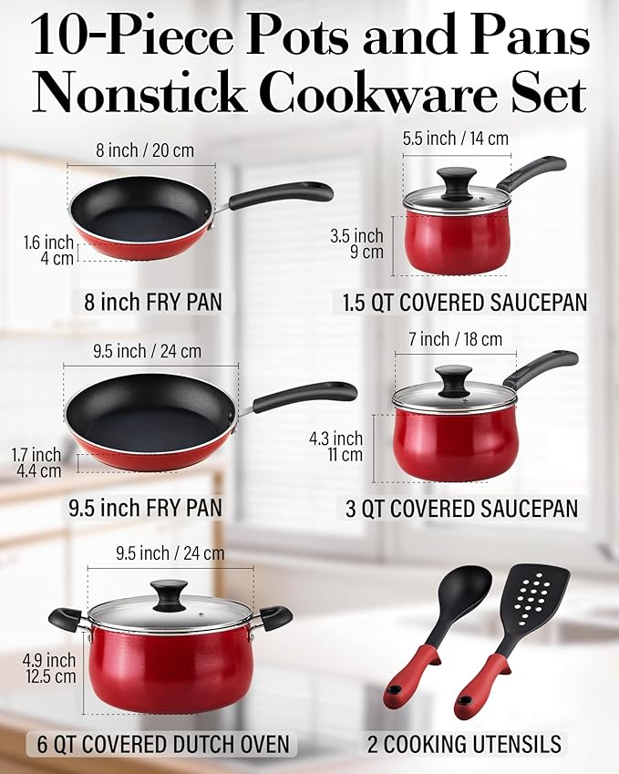 Cook N Home Pots and Pans Nonstick Cookware Set 10-Piece Belly Shape Kitchen Cooking Set with Frying Pans and Saucepans Induction Compatible Marble Red