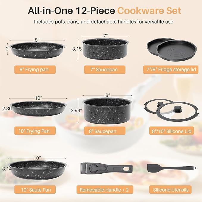 12 PCS Pots and Pans Set Non Stick Kitchen Induction Cookware Oven-Safe Stackable RV Cookware with Detachable Handle Black
