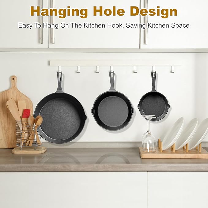 Nonstick Frying Pan Set - 3 Pcs Cast Iron Cooking Pans Dishwasher Safe Prevents Sticking Multifunctional Egg Pan with Longer Handle for All Stove Types