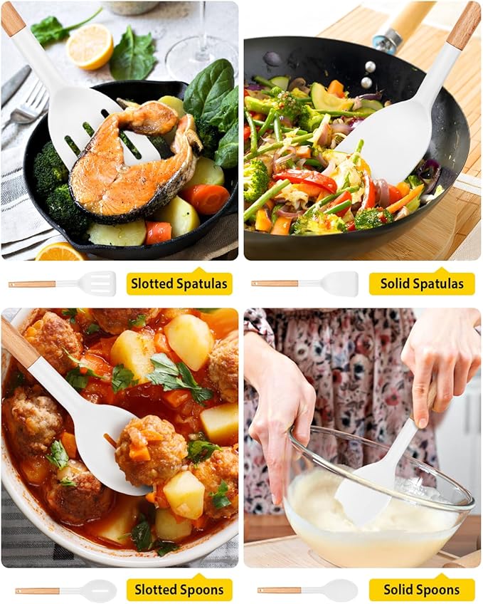 Pack of 4 Silicone Cooking Utensils Set Non Stick Solid Spatulas and Heat Resistant Slotted Spoons with Wooden Handle Ideal Wood Kitchen Utensils Set for FryingServingTurningStirring (WHITE)