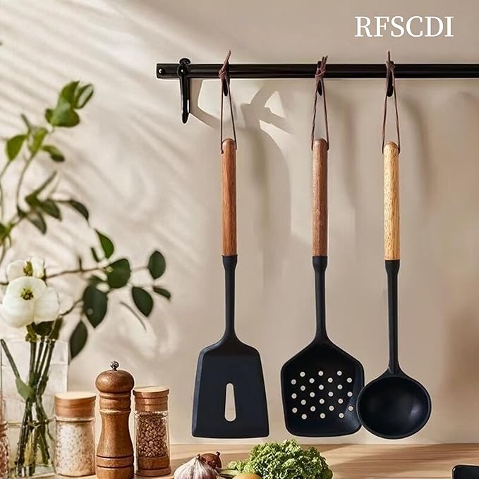 Exquisite Silicone Cooking Utensils Set - Non-Toxic Heat-Resistant Kitchen Utensils Set with Food-Grade Silicone &amp Wood Handles - Includes Spatula &amp Spoon for Non-Stick Cookware Black