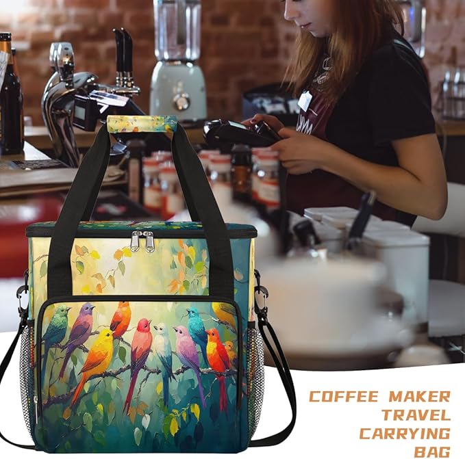 Colorful Magpie Bird Oil Painting Coffee Maker Carring Bag Travel Carrying Storage Tote Bag Compatible with Keurig K-Mini or K-Mini Plus Portable Single Serve Coffee Brewer Case with Pockets