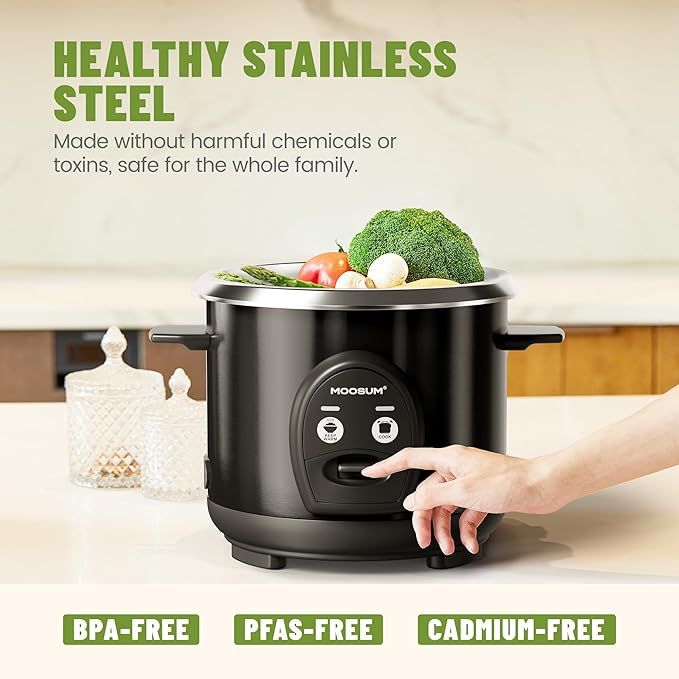 3-Cup Uncooked Rice Cooker Small Stainless Steel Non-Toxic Inner Pot One-Touch Multifunction for Rice/Sauté/Yogurt Dishwasher Safe 1-3 People Size Black