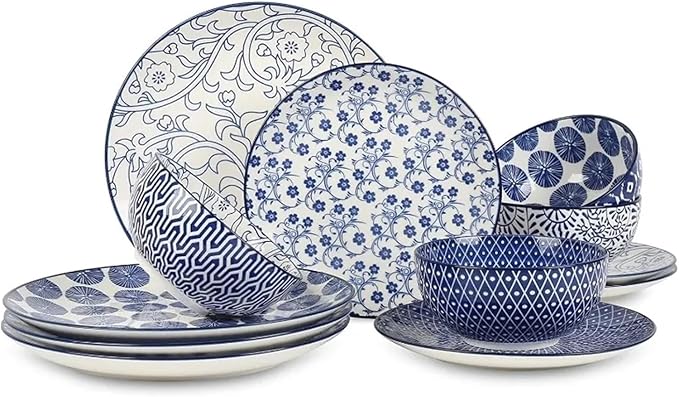 Ceramic 12-Pieces Dinnerware Sets Dish Plates and Bowls Service for 4 Dinner Salad Dessert