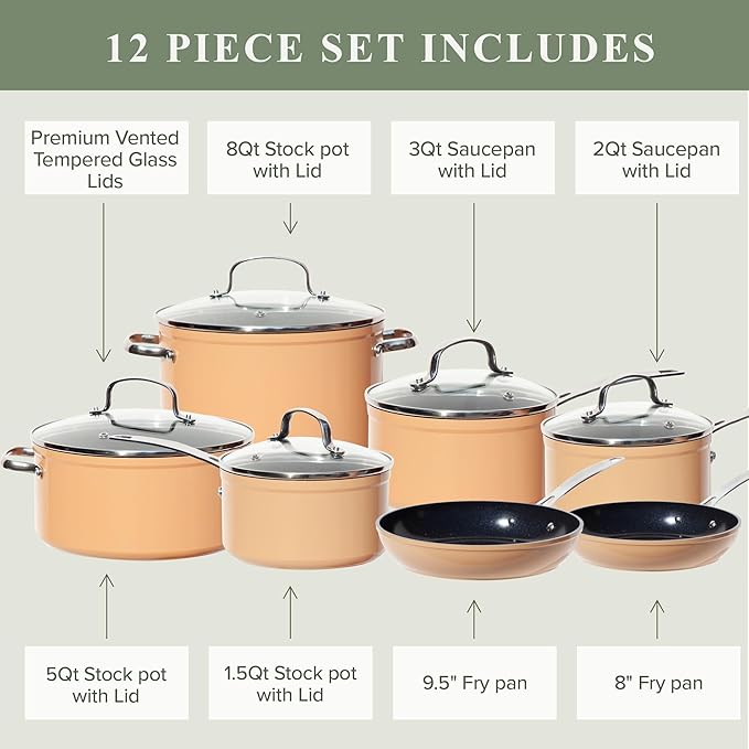 Nuwave Healthy Duralon Blue Ceramic Nonstick Cookware Set Diamond Infused Scratch-Resistant PFAS Free Dishwasher &amp Oven Safe Induction Ready &amp Evenly Heats Tempered Glass Lids &amp Stay-