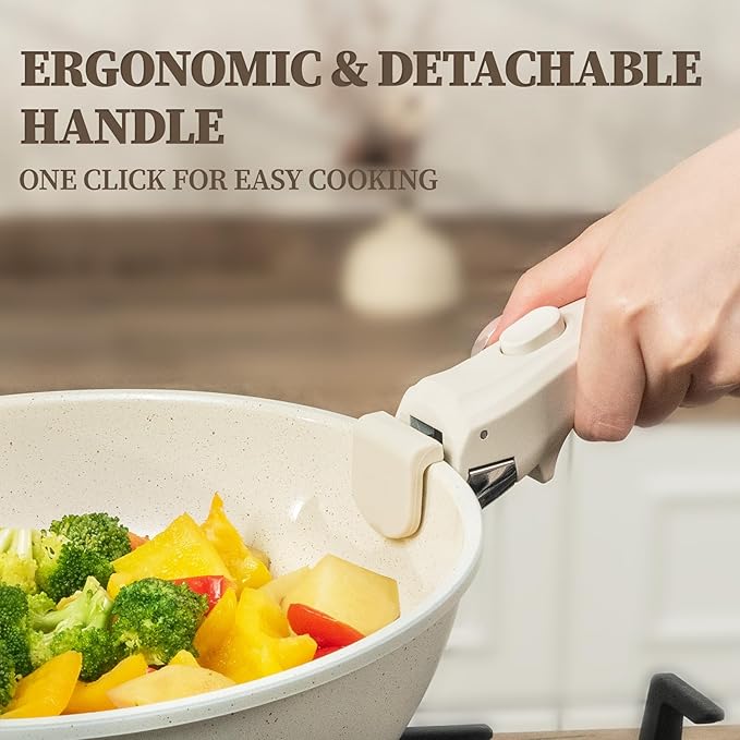 23Pcs Ceramic Cookware Set Non Stick Pots and Pans Set Non Toxic with Detachable Handle Induction Kitchen Cookware Set Space Saving Oven &amp Dishwasher Safe Cream White