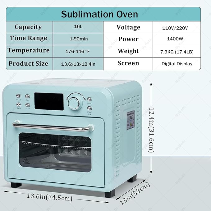 Sublimation Oven for Bulk Printing 16 Liter Light Convection Sublimation Oven 1400 W 360° Heating with Digital Display Ideal for Mugs Glasses Water Bottles 16L