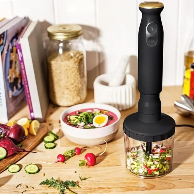 Cordless Hand Blender with 2-Cup Chopper Whisk &amp Large Measuring Cup Perfect for Cooking Smoothies Sauces Purees and Meal Prep (Black Sesame)