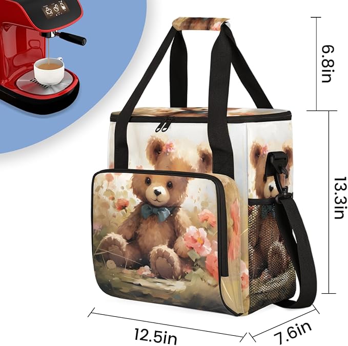 Floral Bear Coffee Maker Carrying Bag Portable Travel Storage Tote Bag Compatible with K-Mini or K-Mini Plus Single Serve Coffee Brewer Carrying Case with Multiple Pockets &amp Shoulder Strap