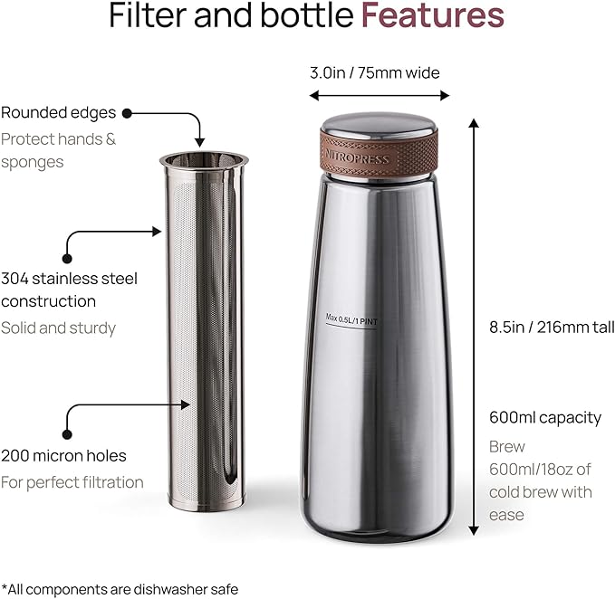 Home Brew Kit - Stainless Steel Cold Brew Coffee &amp Tea Maker | Includes 200 Micron Filter Basket &amp Airtight Storage Cap | Perfect for Smooth Fresh Cold Brew at Home