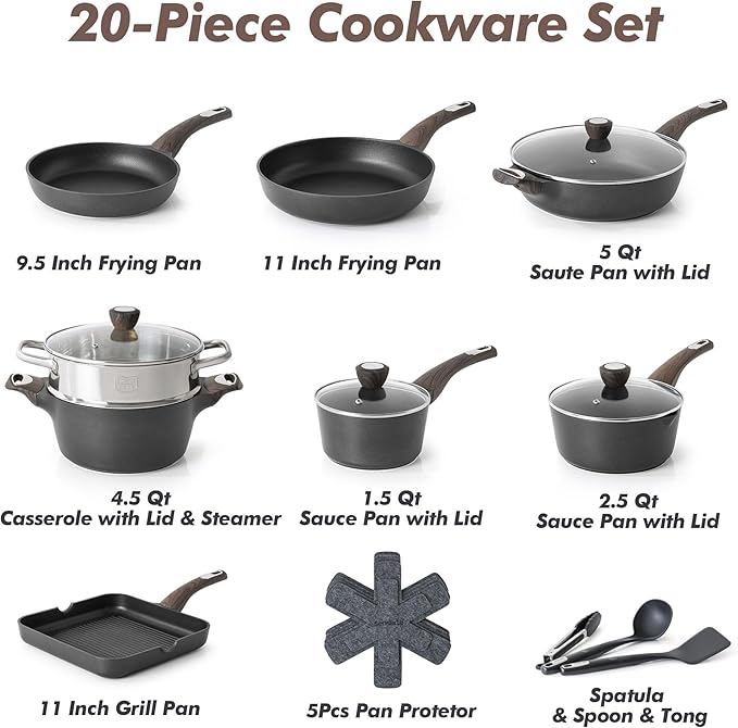 SENSARTE Pots and Pans Set Nonstick 20 Pcs Induction Cookware Sets Non-toxic Healthy Non Stick Kitchen Cooking Set with Stay-Cool Handles PFOA PFOS Free Black
