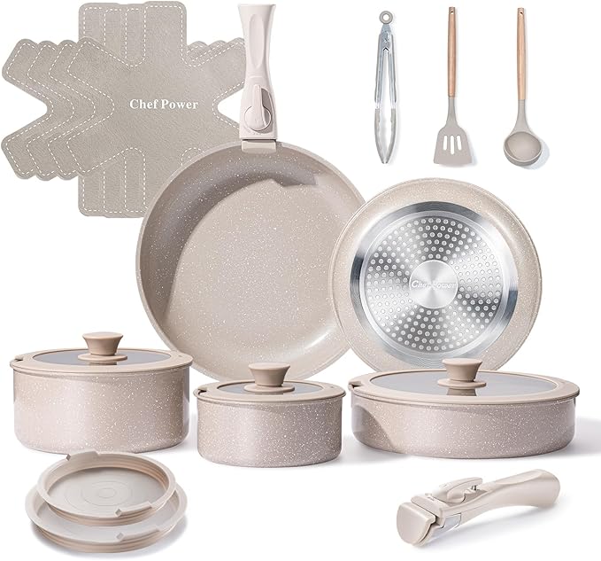 Chef Power Ceramic Nonstick Pots and Pans Set 19 Piece with Detachable Handle Induction Dishwasher Oven Safe Cookware Set RV Kitchen Set Removable Handle Mocca Taupe