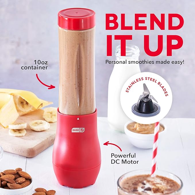 Dash Mighty Mini 10 oz Compact Personal Bottle Blender with Travel Lid Red