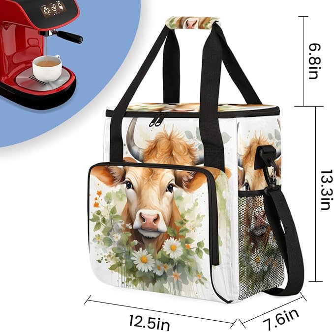 Cattle Cow Coffee Maker Carrying Bag Flowers Garland Travel Storage Bag Compatible with K-Mini or K-Mini Plus Single Serve Coffee Brewer Carrying Case with Multiple Pockets &amp Shoulder Strap