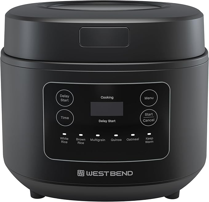 West Bend Programmable Rice &amp Grain Cooker with 7 Preset Functions Includes Delay Start and Keep Warm Features Easy View Window &amp Steam Basket 12 Cups Cooked (6 Uncooked) Black