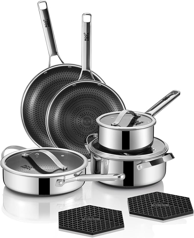 Pots and Pans Set Hybrid Stainless Steel 10PC Nonstick Tri-Ply Cookware Set w/Frying pan Dishwasher &amp Oven Safe PFOA-Free Metal Utensil Safe Suitable for All Cooktops