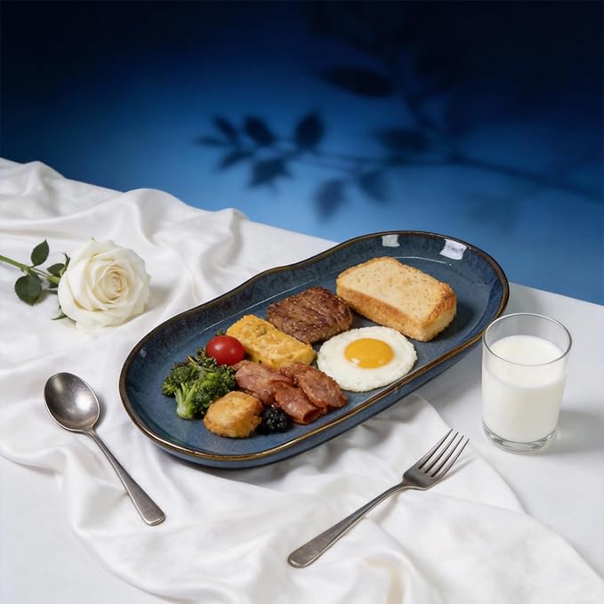 Organic Shape Highland Ceramic Serving Tray 12pcs 11.625 * 5.125inch Handmade Reactive Glaze Stoneware Tray with Wavy Edge for Kitchen Microwave &amp Dishwasher Safe Scratch Resistant-Blue