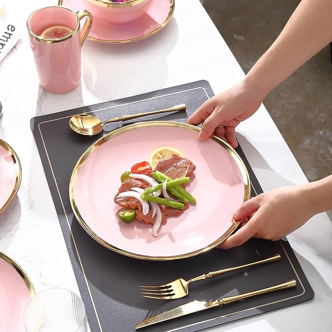 Modern Porcelain 16 Piece Pink Dinnerware Set Stoneware Dinnerware Sets for 4Plates and Bowls Sets Dinnerware with Gold Trim Gold Dish SetPink and Golden Rim.