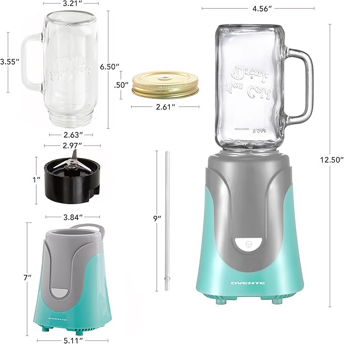 OVENTE Retro Personal Blender and Smoothie Maker with 18 Oz Mason Jar 300W Base Stainless Steel Blades BPA-Free and Dishwasher Safe Container Includes Reusable Straw and Lid Turquoise BLH1002T