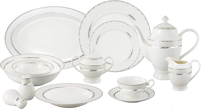 Lorren Home Trends La Luna Bone China 57-Piece Silver Embossed Design Dinnerware Set Service for 8