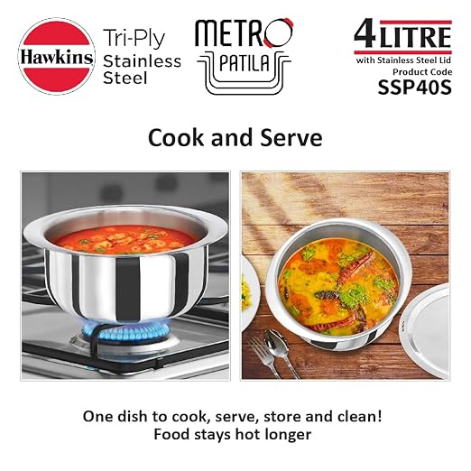 HAWKINS 4 Litre Metro Patila Triply Stainless Steel Tope with Stainless Steel Lid Induction Bhagona Tapeli Silver (SSP40S)