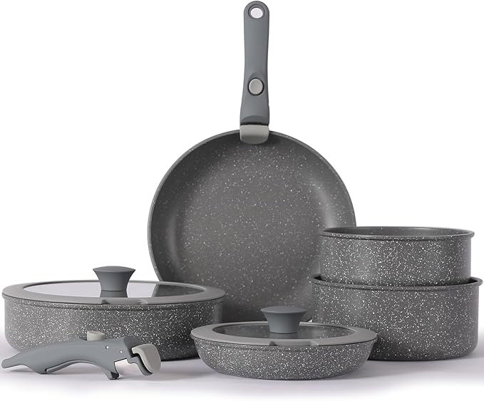 Non Stick Pot and Pan Set with Removable Handle Ceramic Cookware Set Detachable Handle Induction Kitchen Camping Stackable Pots Pans Dishwasher/Oven Safe Grey
