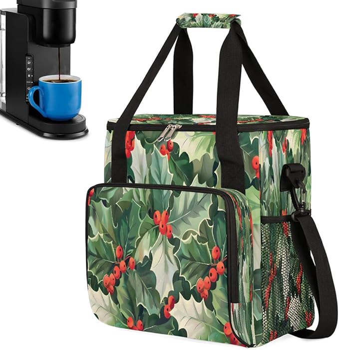 Christmas (734) Coffee Maker Carring Bag Travel Carrying Storage Tote Bag Compatible with Keurig K-Mini or K-Mini Plus Portable Single Serve Coffee Brewer Case with Pockets for K-cup Pods