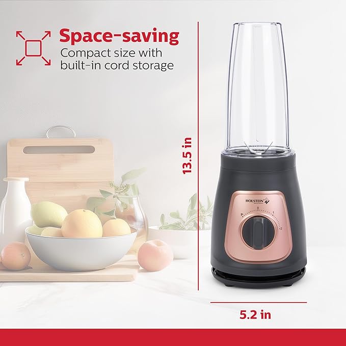 Holstein Housewares Personal Blender – 25 oz Travel Jar Two-Speed Knob with Pulse Function Stainless Steel Blades Compact &amp Portable Cool Grey/Rose Gold