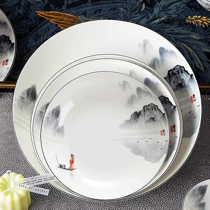 Dinnerware Sets for 4/6/12Black and White Plates Bowls SetChinese Dinner SetDish Set/tableware Ancient Ink Painting Design-for HomeKitchen Dinning35 Pieces