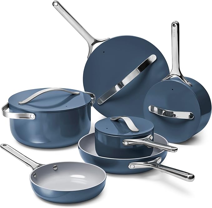 Caraway Deluxe Non-stick Ceramic Cookware Set (16 Piece) Pots Frying Pans Lids and Kitchen Storage - PFAS &amp PFOA Free - Oven Safe Pan Set &amp Compatible with All Stovetops - Navy