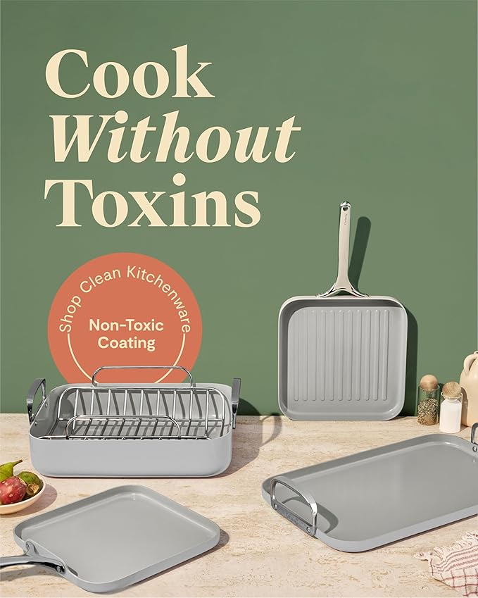 Caraway Square Cookware Set - Square Pans Set - Perfect for Griddling Toasting Searing Roasting and More - Non-Stick Ceramic Coated Pans - Non Toxic PTFE &amp PFOA Free - Gray