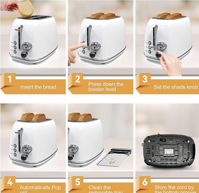 Toaster 2 sliceRetro Stainless Steel Toaster with 6 Settings 1.5 In Extra Wide Slots Bagel/Defrost/Cancel Function Removable Crumb Tray (White)