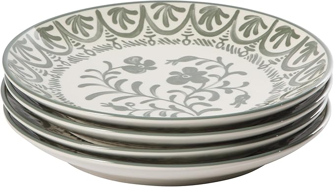 Bloomhouse - 2-Time Oprah’s Favorite Things - Valencia Flor 4 Piece 10.75” Dinner Plate Set Stoneware Plates Mediterranean Floral Decal Design Microwave &amp Dishwasher Safe Fern Green
