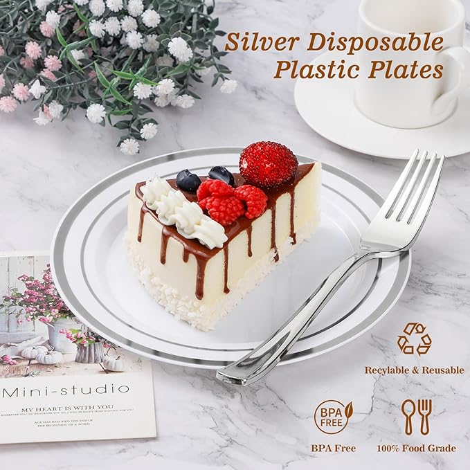 BESTVIP 200PCS Silver Plastic Plate Disposable Party Plates with 100 Dinner Plates and 100 Dessert Plates Plastic Plates for Party Wedding and Birthday