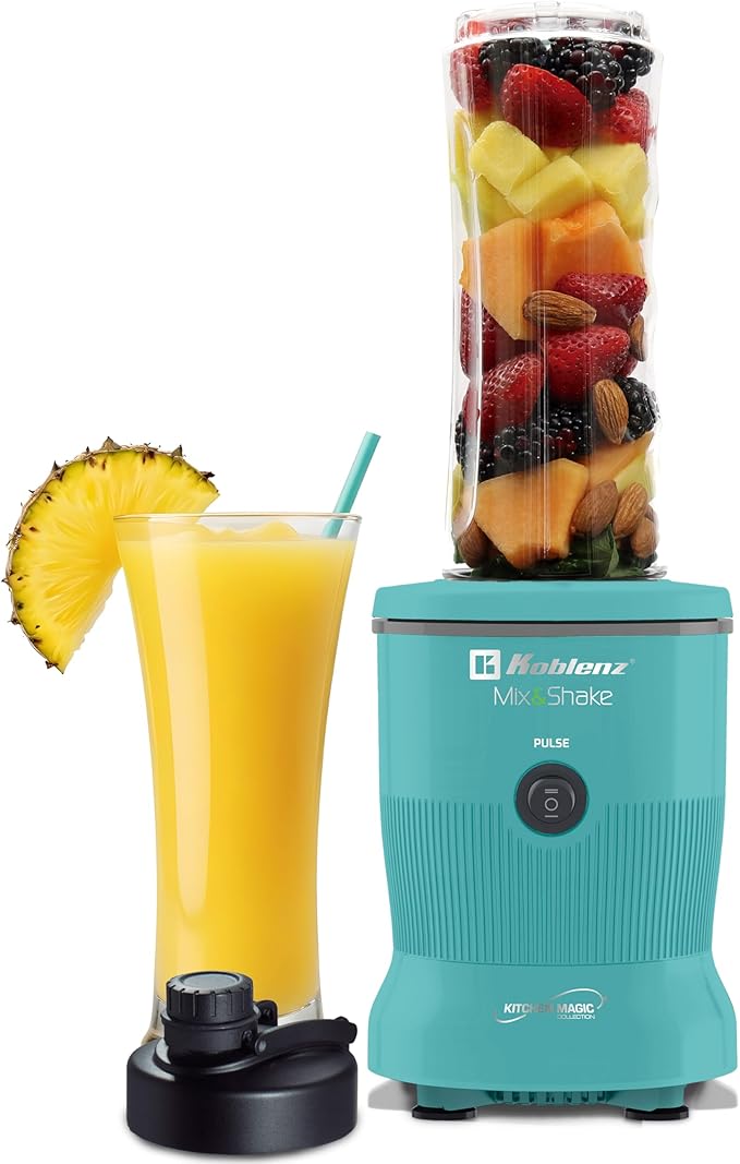 Koblenz Mix&ampShake Blender 20 oz Portable Blender 600W Motor Pulse ON/OFF Functions Stainless Steel Blades Shakes Sauces Smoothie Maker (1) 20 oz To-Go Bottle Green MSKM-600 V