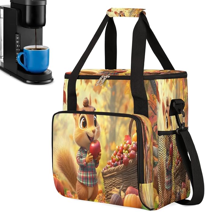 Cartoon Squirrel Apple Maple Leaf Coffee Maker Carring Bag Travel Carrying Storage Tote Bag Compatible with Keurig K-Mini or K-Mini Plus Portable Single Serve Coffee Brewer Case with Pockets