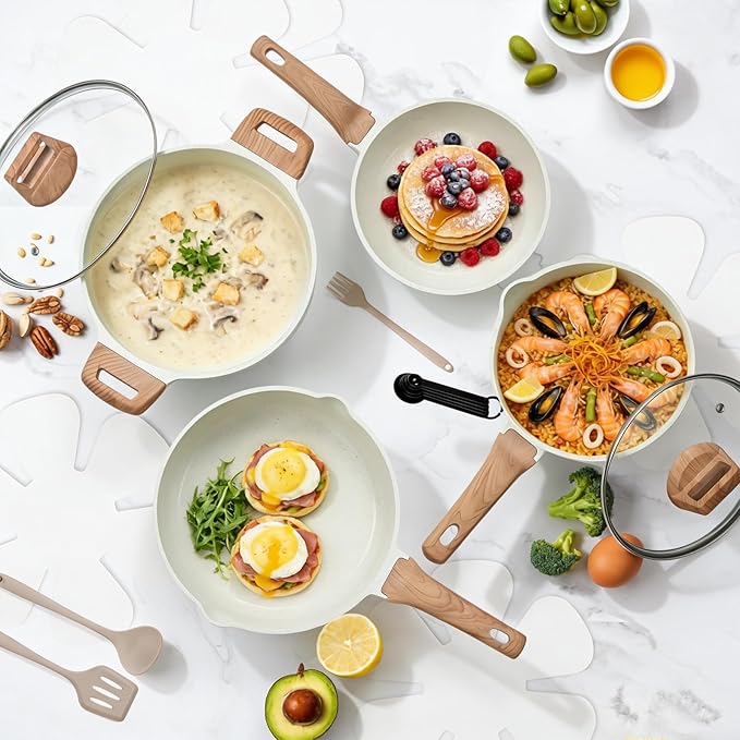 NEWBULIG Nonstick Cookware Set Granite Pots and Pans with Lids Induction Non Stick Cooking Set w/Frying Pans &amp Saucepans 25-Piece/Set Beige