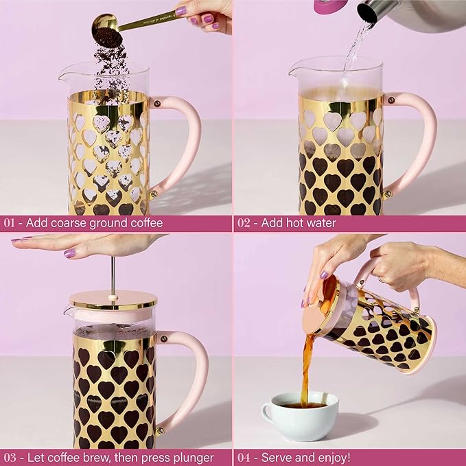 Paris Hilton French Press Coffee Maker With Heart Shaped Measuring Scoop 2-Piece Set 8-Cup or 34-Ounce Pink